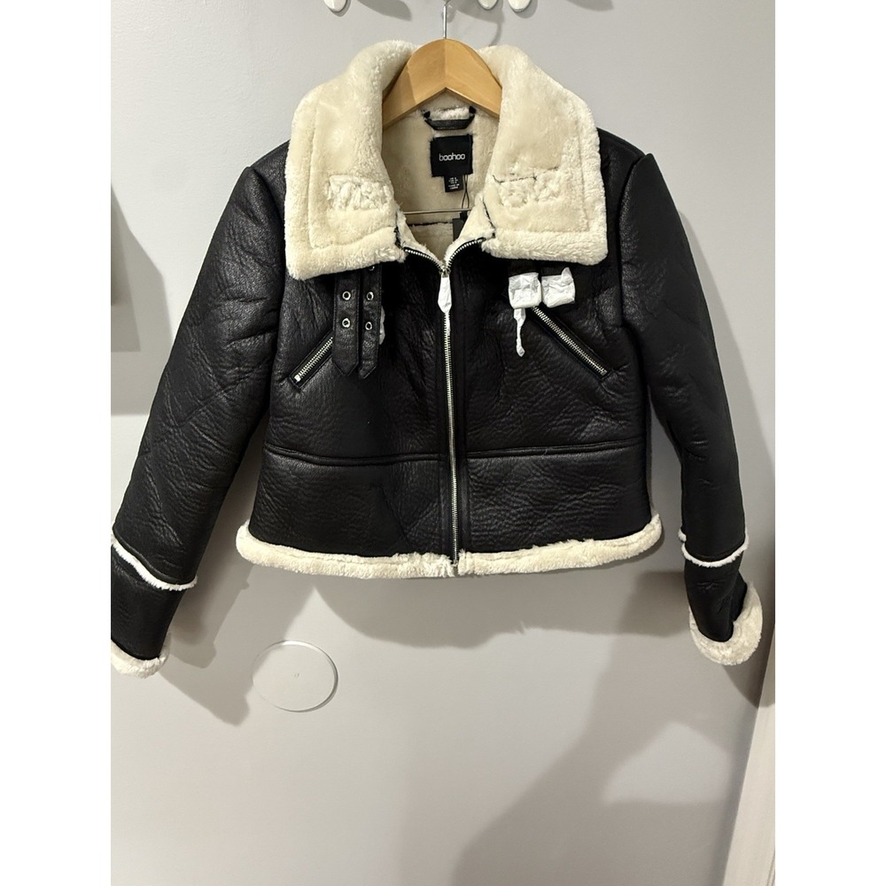 Boohoo Women's‎ Teddy Trim Faux Leather Aviator Jacket - Black - US Size 4 NWT